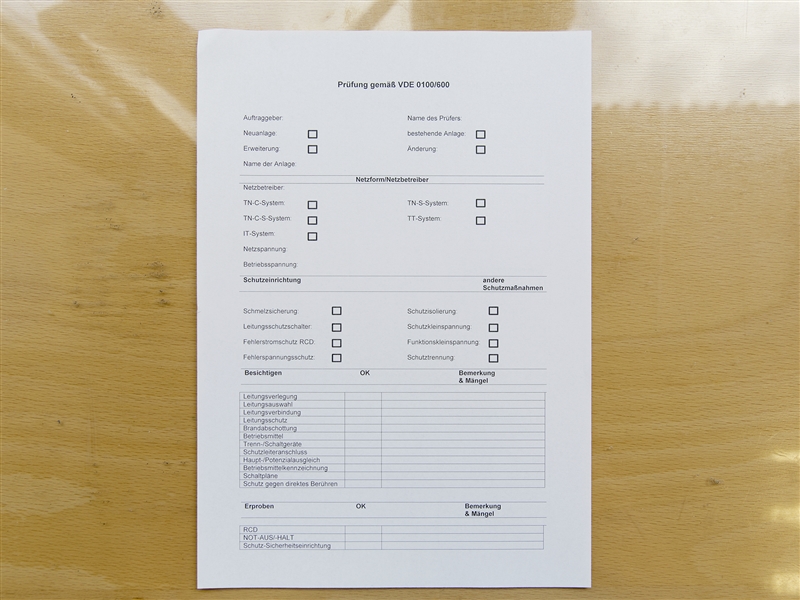 Formular für ein Prüfprotokoll